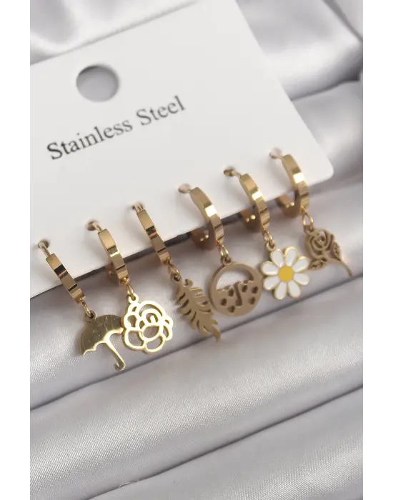   Altın Sallantı Çiçek Model Çelik Küpe Seti