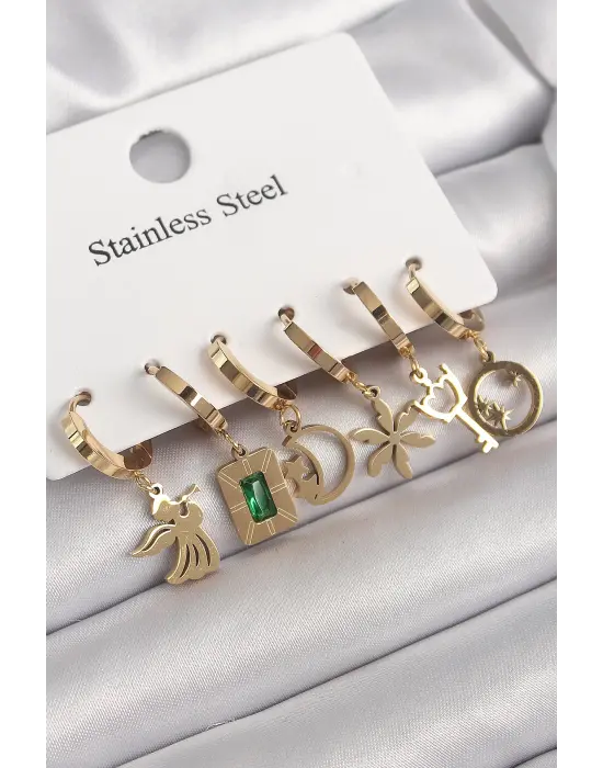   Altın Sallantı Çoklu Figür Model Zirkon Taş Detaylı Çelik Küpe Seti