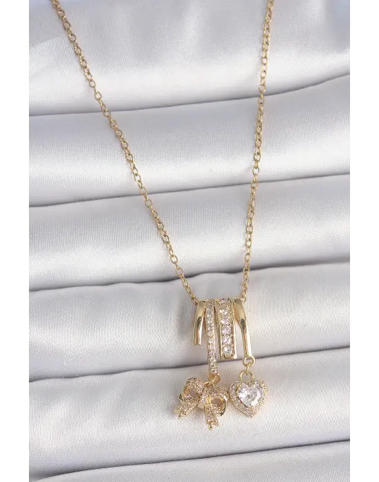 316L Çelik Gold Renk Sallantı Fiyonk Kalp Figür Charm Kadın Kolye