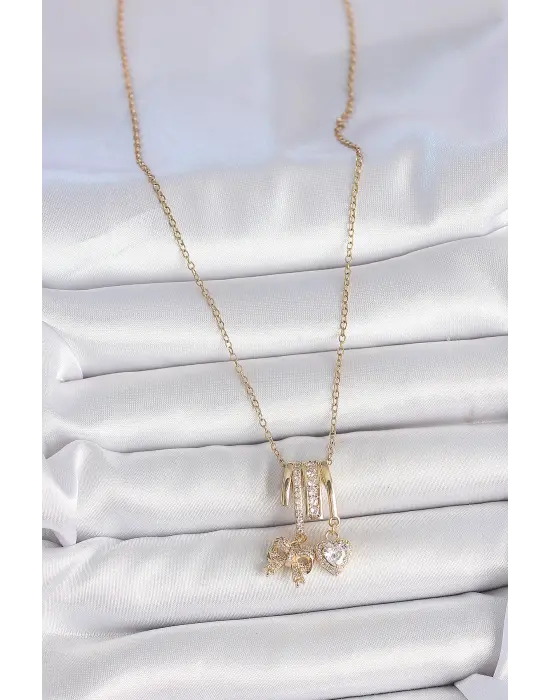 316L Çelik Gold Renk Sallantı Fiyonk Kalp Figür Charm Kadın Kolye