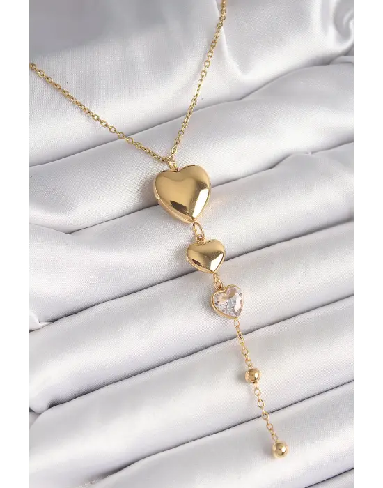 316L Çelik Gold Renk Sallantı Kalp Model Zirkon Taş Detaylı Kadın Kolye