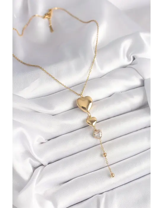 316L Çelik Gold Renk Sallantı Kalp Model Zirkon Taş Detaylı Kadın Kolye