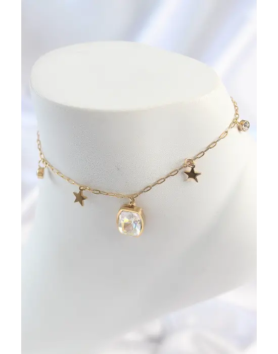 316L Çelik Gold Renk Sallantı Kare Zirkon Taş Figür Yıldız Detay Kadın Halhal