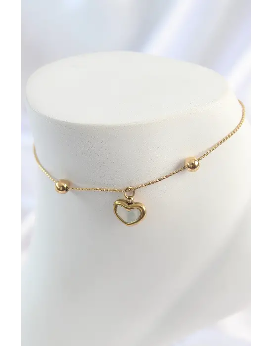 316L Çelik Gold Renk Sallantı Mineli Kalp Figür Topçuk Detay Kadın Halhal