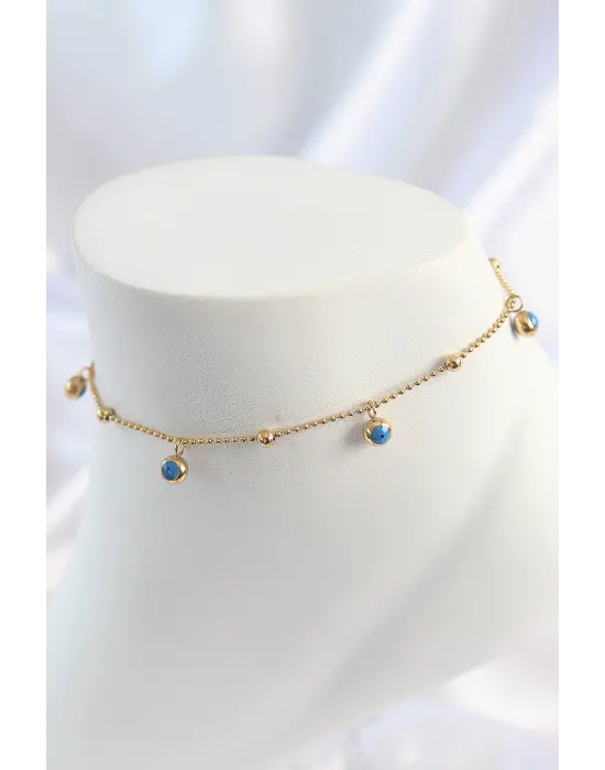 316L Çelik Gold Renk Sallantı Nazar Boncuk Figür Topçuk Detay Kadın Halhal