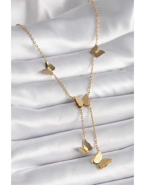  Altın  Sallantı Simli Kelebek Model  Çelik Kolye