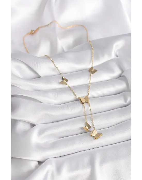  Altın  Sallantı Simli Kelebek Model  Çelik Kolye