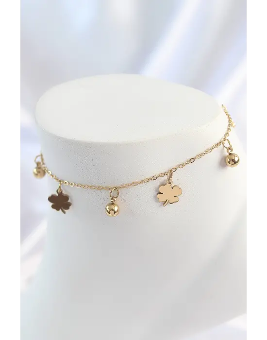 316L Çelik Gold Renk Sallantı Topçuk Yonca Model Kadın Halhal