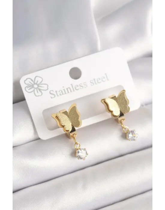 316L Çelik Gold Renk Sallantı Zirkon Taş Detaylı Simli Kelebek Model Kadın Küpe