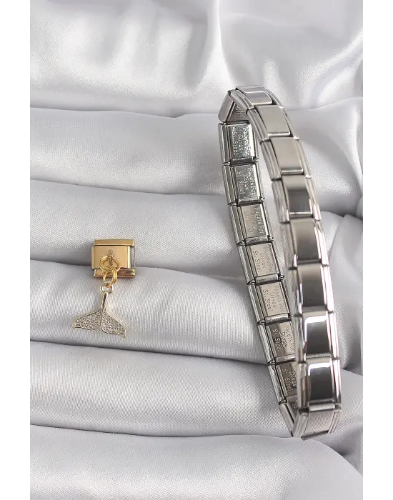 316L Çelik Gold Renk Sallantı Zirkon Taşlı Balık Kuyruğu Figür Nomination Charm