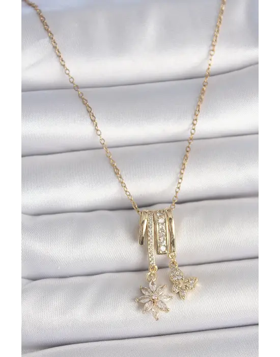 316L Çelik Gold Renk Sallantı Zirkon Taşlı Çiçek Kelebek Figür Charm Kadın Kolye