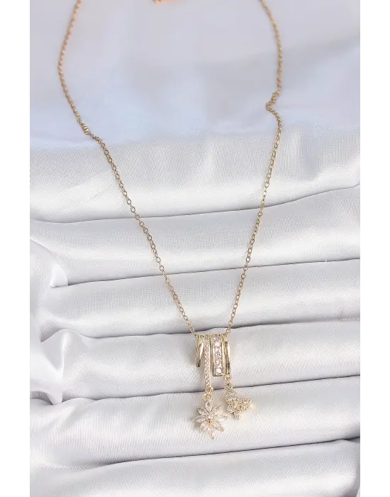 316L Çelik Gold Renk Sallantı Zirkon Taşlı Çiçek Kelebek Figür Charm Kadın Kolye