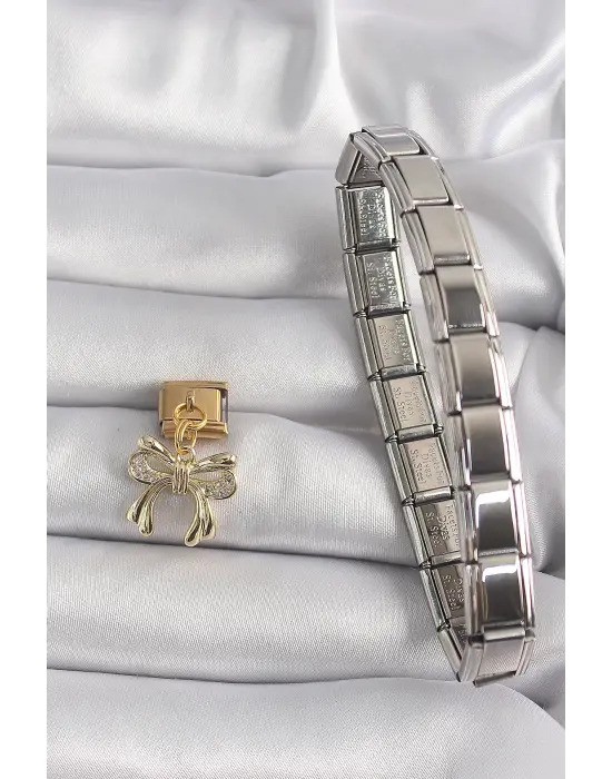 316L Çelik Gold Renk Sallantı Zirkon Taşlı Fiyonk Model Nomination Charm