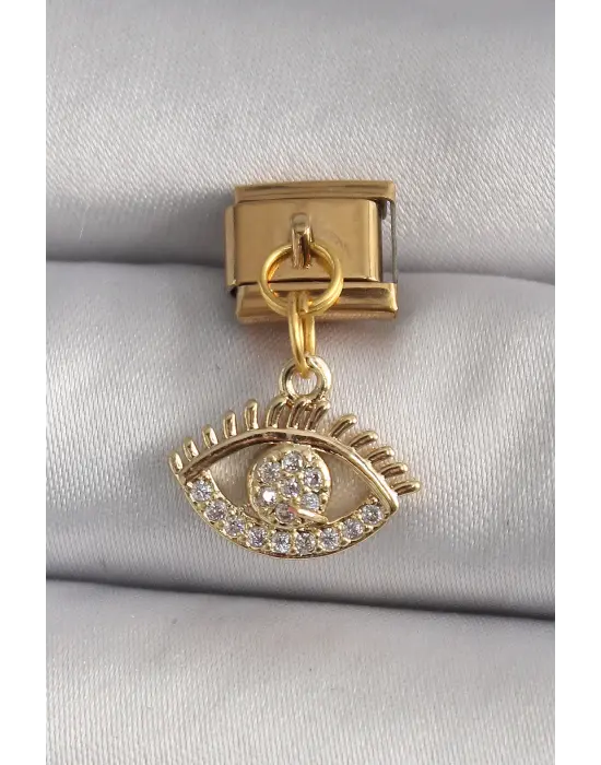 316L Çelik Gold Renk Sallantı Zirkon Taşlı Göz Model Nomination Charm