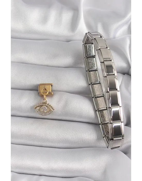 316L Çelik Gold Renk Sallantı Zirkon Taşlı Göz Model Nomination Charm