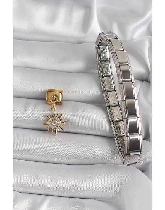 316L Çelik Gold Renk Sallantı Zirkon Taşlı Güneş Model Nomination Charm