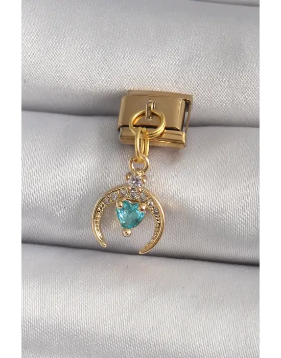 316L Çelik Gold Renk Sallantı Zirkon Taşlı Hilal Model Mavi Zirkon Taşlı Kalp Detay Nomination Charm