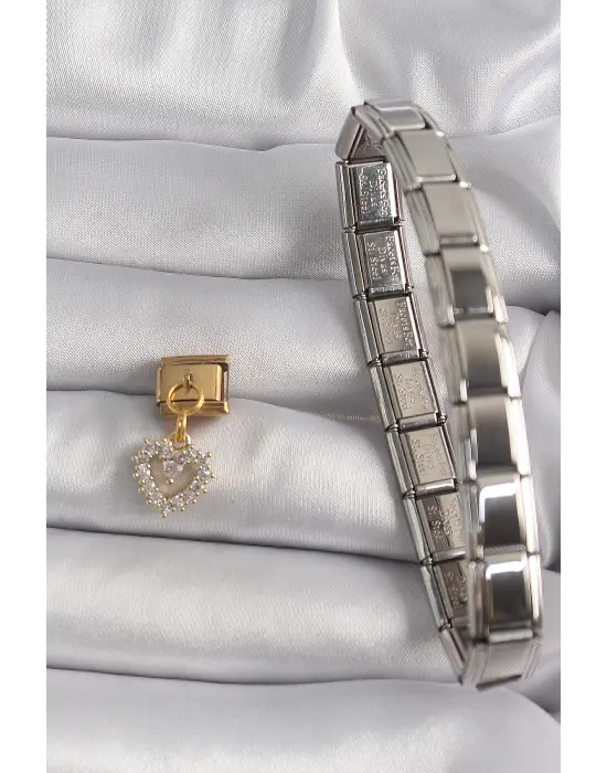 316L Çelik Gold Renk Sallantı Zirkon Taşlı Kalp Model Nomination Charm