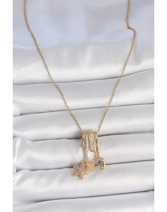 316L Çelik Gold Renk Sallantı Zirkon Taşlı Mor Taşlı Ayıcık Figür Charm Kadın Kolye