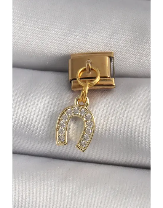 316L Çelik Gold Renk Sallantı Zirkon Taşlı Nal Model Nomination Charm