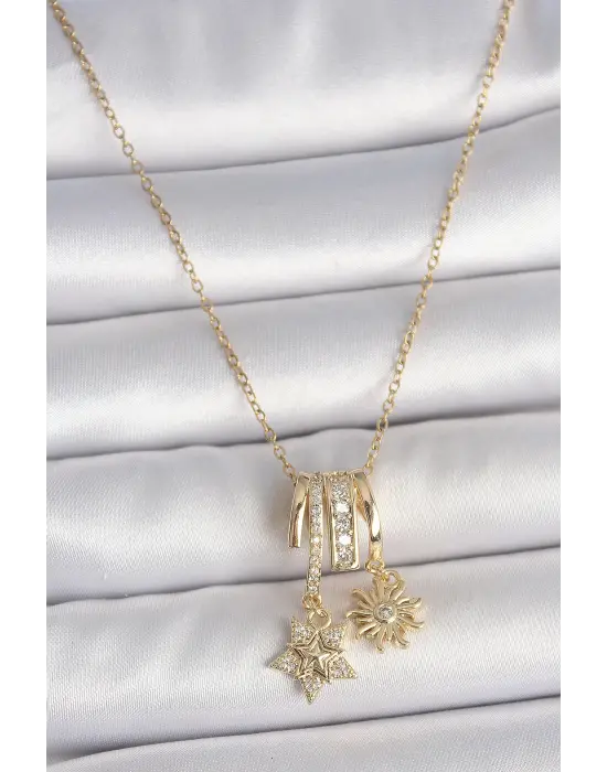 316L Çelik Gold Renk Sallantı Zirkon Taşlı Yıldız Güneş Figür Charm Kadın Kolye