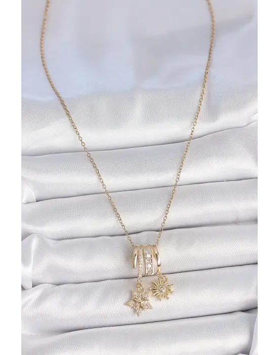 316L Çelik Gold Renk Sallantı Zirkon Taşlı Yıldız Güneş Figür Charm Kadın Kolye