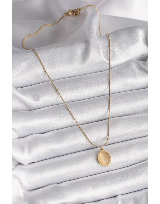  Altın  Sarı Kedi Gözü Sedefli Oval Model  Çelik Kolye