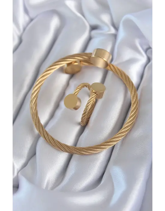 316L Çelik Gold Renk Sarmal Model Erkek Bileklik Yüzük Kombini