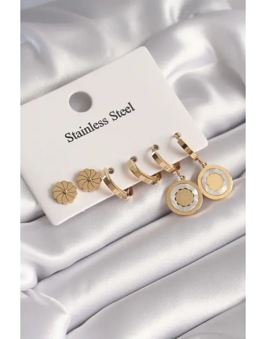   Altın Sedefli Lotus Model Çelik Küpe Seti