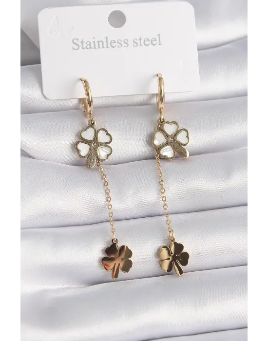   Altın Sedefli Yonca Model Zirkon Taş Detay Çelik Küpe