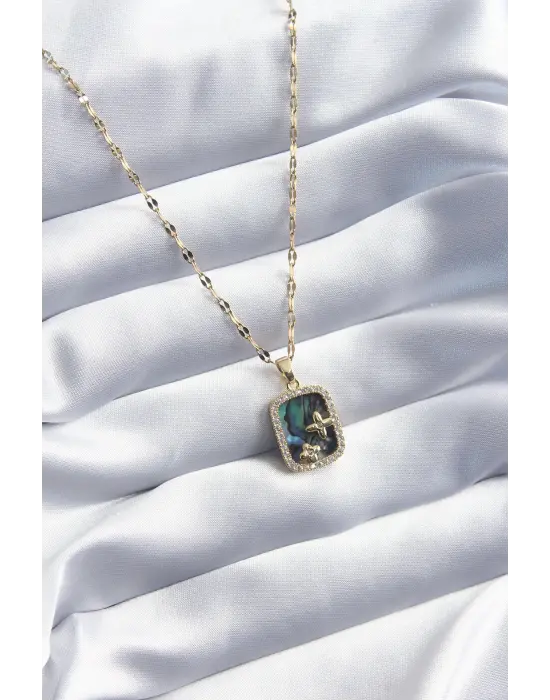 316L Çelik Gold Renk Sedefli Zirkon Taşlı Kare Model Kadın Kolye