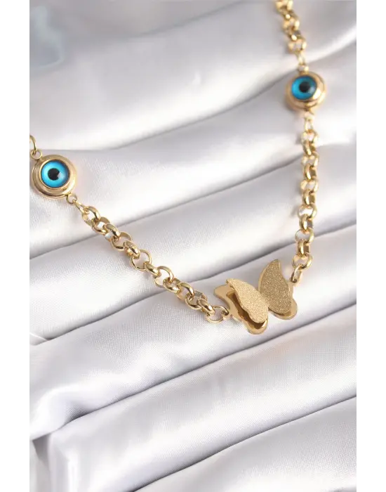  Altın  Simli Kelebek Figür Nazar Boncuk Detay  Çelik Kolye