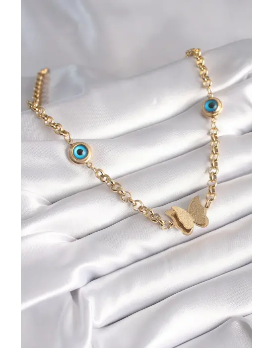  Altın  Simli Kelebek Figür Nazar Boncuk Detay  Çelik Kolye