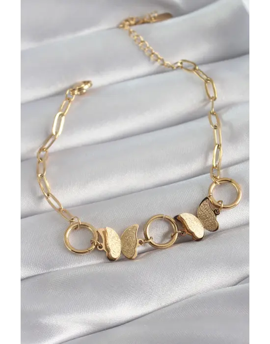 316L Çelik Gold Renk Simli Kelebek Model Kadın Bileklik