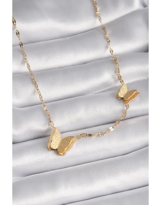  Altın  Simli Kelebek Model  Çelik Kolye