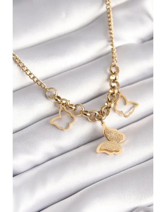  Altın  Simli Kelebek Model  Çelik Kolye