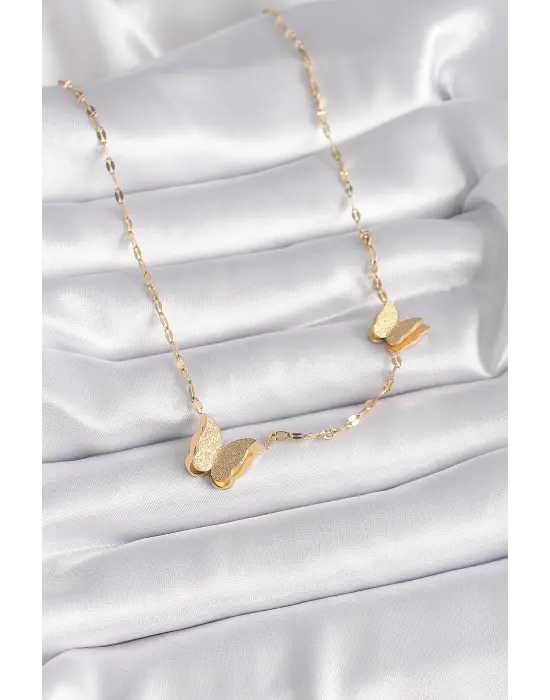  Altın  Simli Kelebek Model  Çelik Kolye