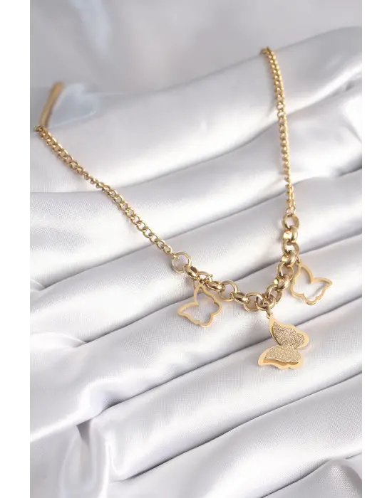  Altın  Simli Kelebek Model  Çelik Kolye