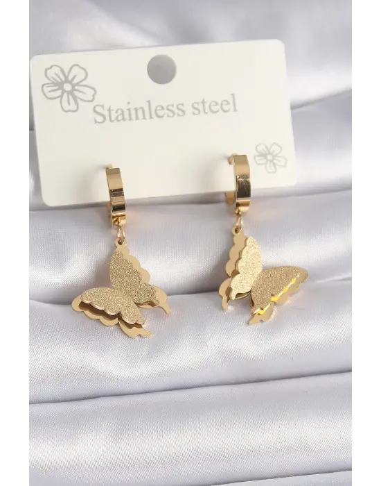   Altın Simli Kelebek Model Çelik Küpe