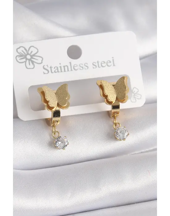   Altın Simli Kelebek Model Sallantı Zirkon Taş Detay Çelik Küpe