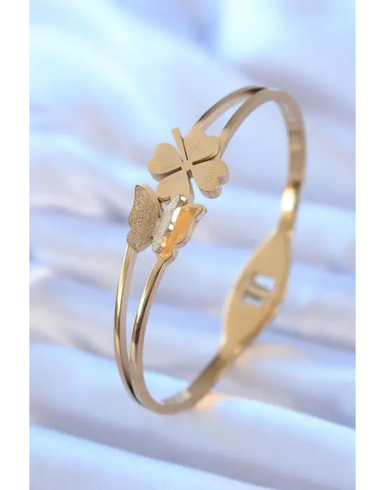 316L Çelik Gold Renk Simli Kelebek Yonca Model Kadın Kelepçe