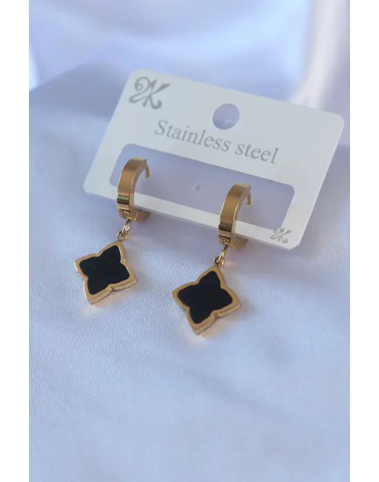 316L Çelik Gold Renk Siyah Çiçek Model Kadın Küpe