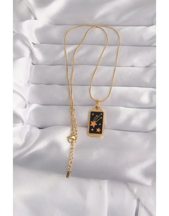  Altın  Siyah Mineli Yıldız Figür Tarot Çelik Kolye