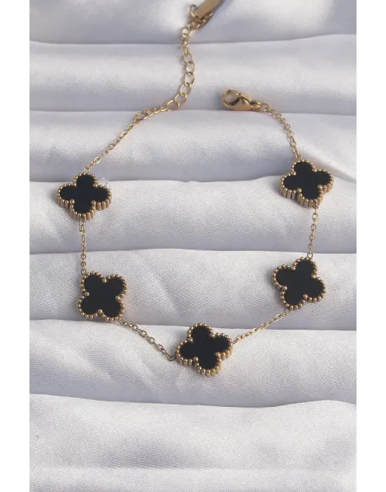 316L Çelik Gold Renk Siyah Mineli Yonca Bileklik