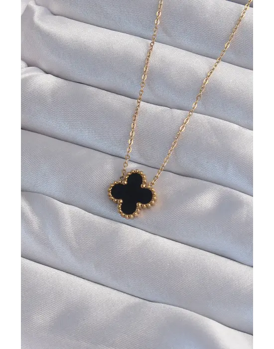  Altın  Siyah Mineli Yonca Çelik Kolye