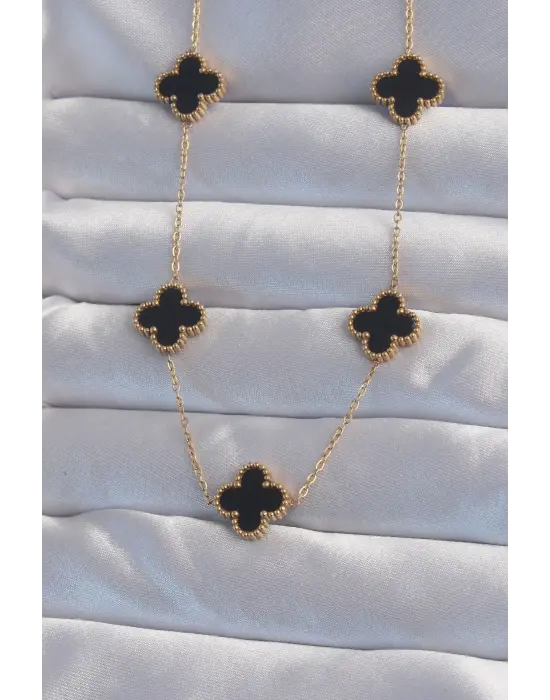  Altın  Siyah Mineli Yonca Çelik Kolye