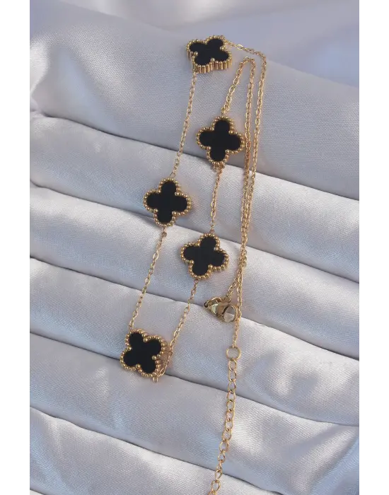  Altın  Siyah Mineli Yonca Çelik Kolye
