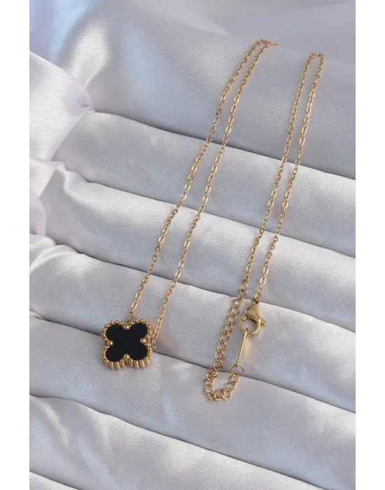  Altın  Siyah Mineli Yonca Çelik Kolye