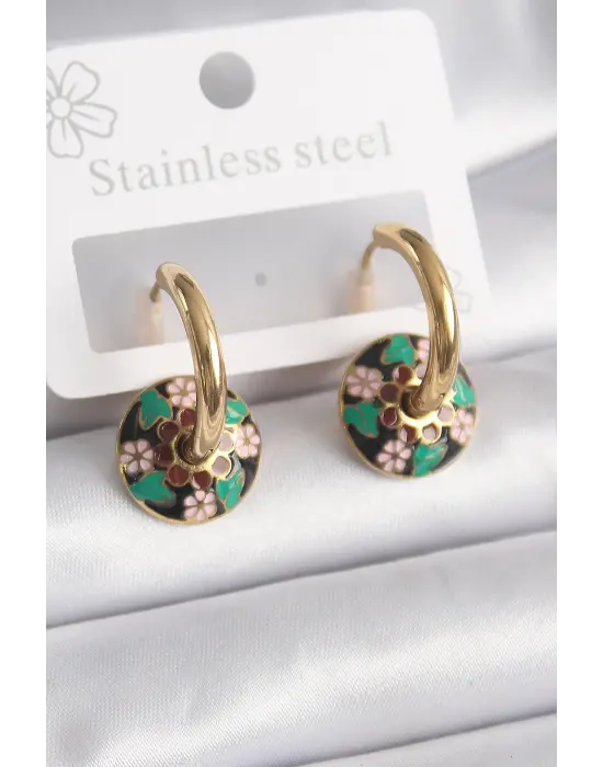   Altın Siyah Motif Model Çelik Küpe