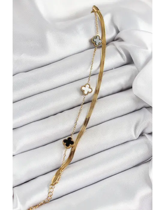 316L Çelik Gold Renk Siyah ve Beyaz Yoncalı İtalyan Zincirli 2li Kadın Bileklik